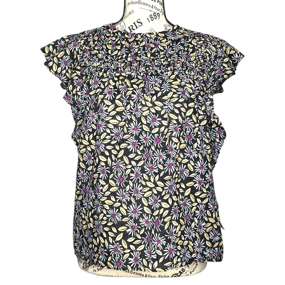 Joie (S) Isa Reut Ruffled Embroidery Dot Smocked Floral Blouse - Caviar Multi